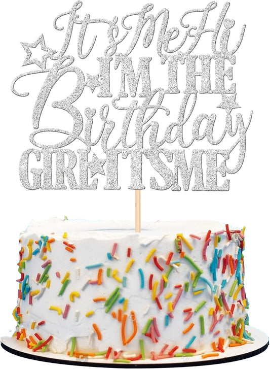 1 PCS It's Me Hi I'm the Birthday Girl It's Me Cake Topper Glitter Music Singer Cake Pick for Funny Hip Hop Singer Girls Birthday Party Cake Decorations Supplies Silver