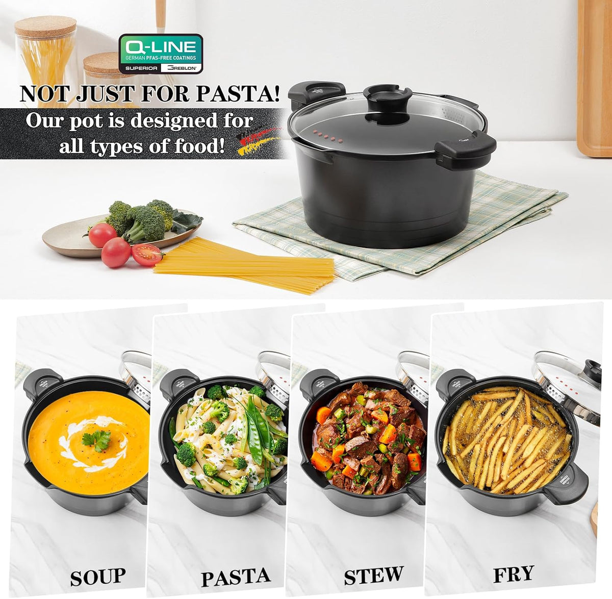 8.5qt Pasta Pot with Strainer Lid, Cast Aluminum Stockpot Multipot, Nonstick Ceramic Coating make Cleanup easy with Tempered Glass Lid, Dishwasher Safe, Induction, Black (Black, 8.5 Quarts)