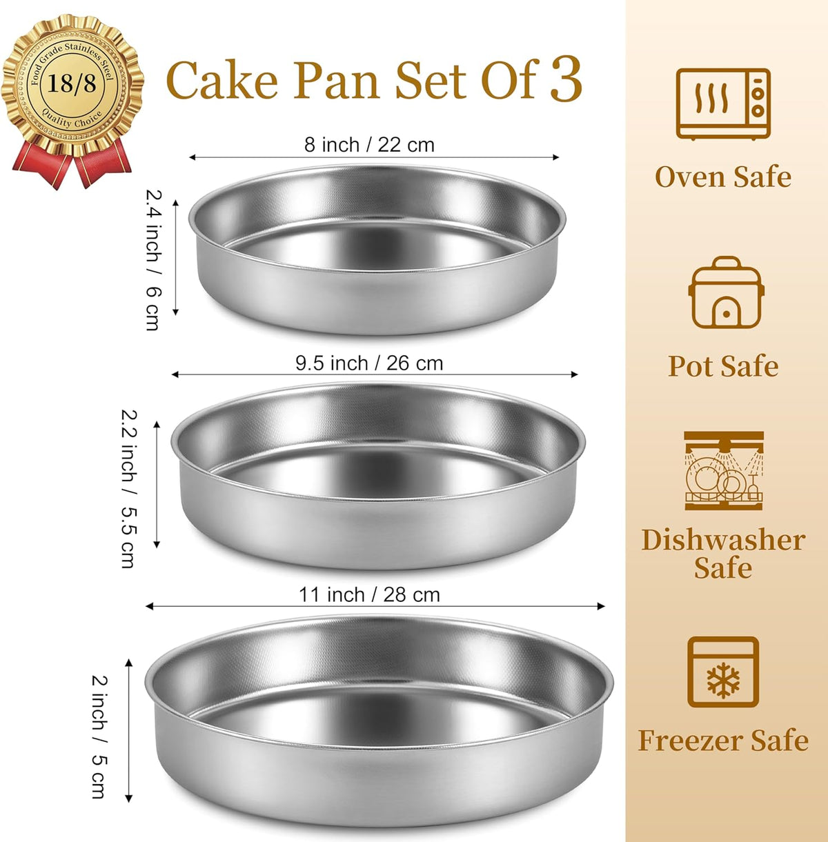 Inqibee Cake Pan Set of 3,18/8 Stainless Steel Round Cake Baking Pans,8-9.5-11 Inch,Physics Anti-Stick and Scratch,Non-Toxic and Easy Clean