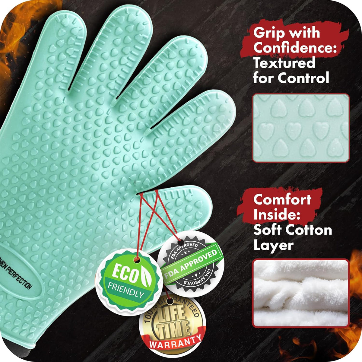 KITCHEN PERFECTION XL Silicone Smoker Oven Gloves-Extreme Heat Resistant BBQ Gloves-Handle Hot Food Right on Your Grill Fryer&Pit|Waterproof Grilling Cooking Baking Mitts|Superior Value Set+3 Bonuses