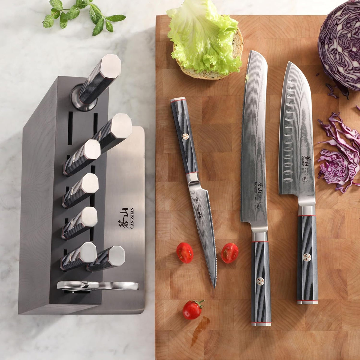 Cangshan YARI Series HUA Knife HUA Block Set, X-7 Damascus Steel, Ash Wood (12-Piece)