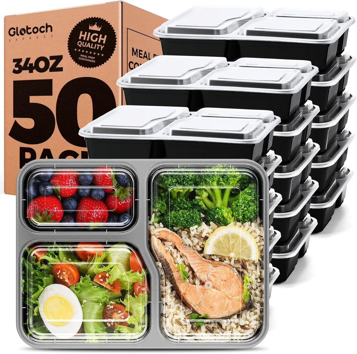 34oz 3-Compartment [1 Pallet-4950 Pack] Meal Prep Containers with Lids, Plastic Food Prep Containers Microwave, Freezer, Dishwasher Safe Leakproof Durable Food Storage Lunch Box To Go Take Out