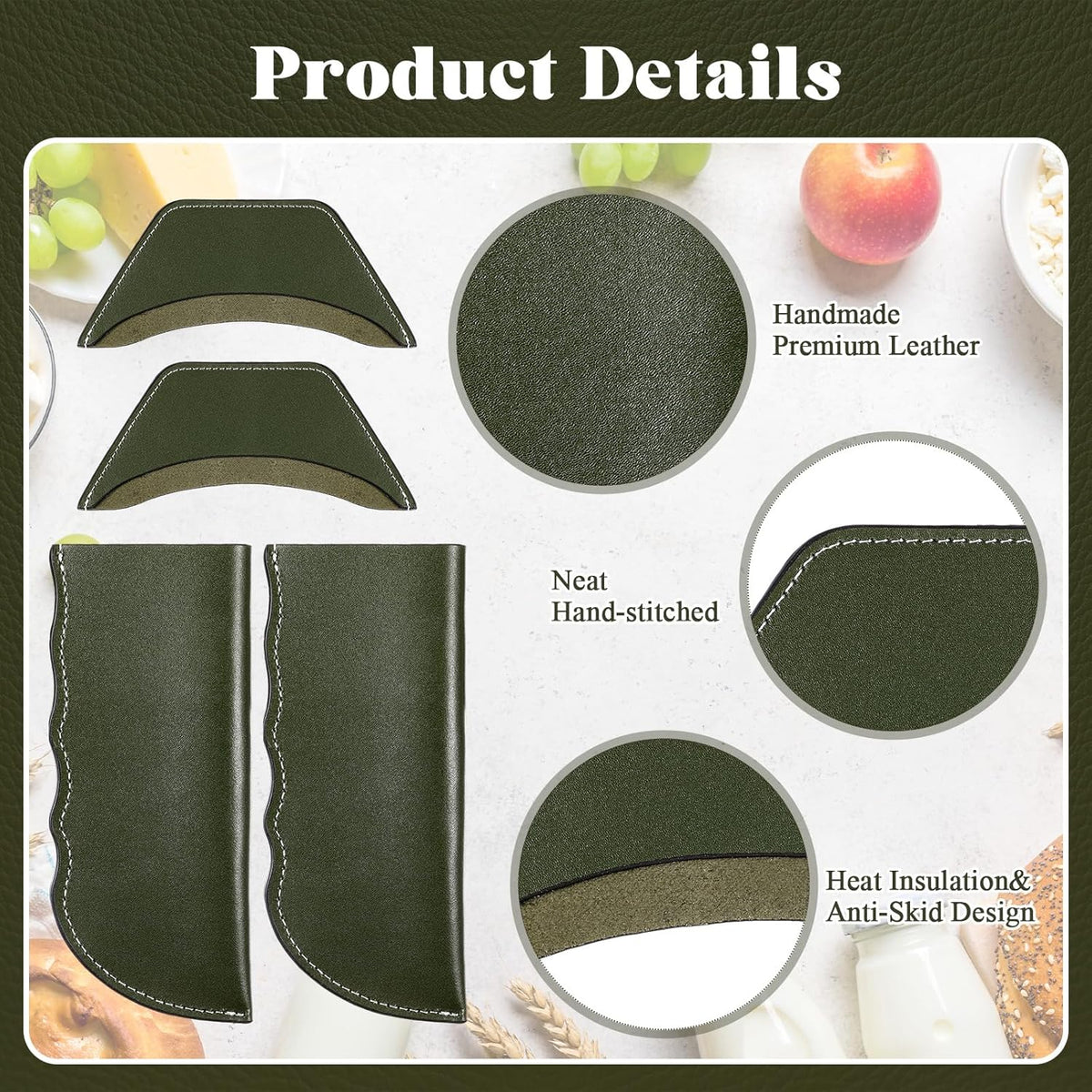 Baderke 4 Pcs Leather Cast Iron Handle Cover Handmade Leather Heat Resistant Skillet Handle Set Pot Holder for Hot Frying Pans, Pots(Army Green)