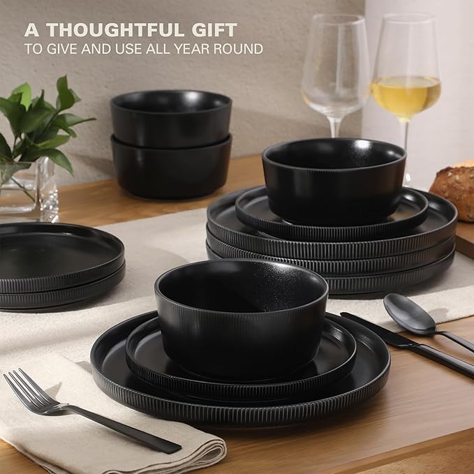 Gibson Home Dempsey Road 12-Piece Stoneware Dinnerware Set – Service for 4, Round Black Plates and Bowls, Durable Solid Color Modern Embossed Dish Set, Microwave & Dishwasher Safe