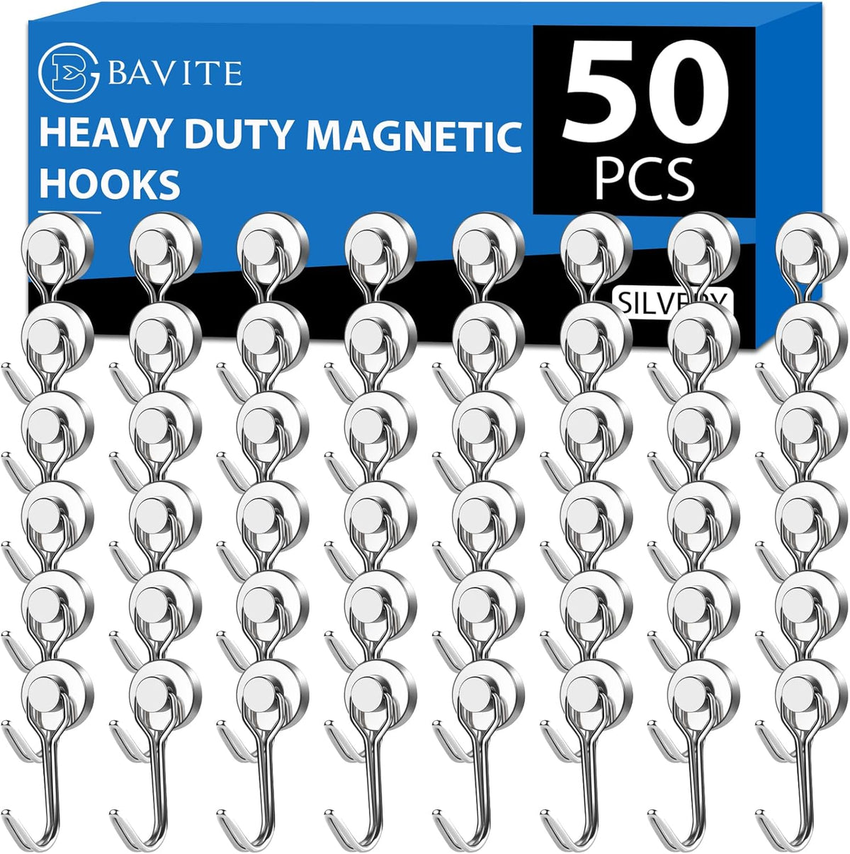 E BAVITE Swivel Swing Silver Magnetic Hooks,30LBS Powerful Strong Neodymium Rare Earth Magnet Hook. Perfect for Refrigerator, Kitchen and Other Surfaces, Pack of 50