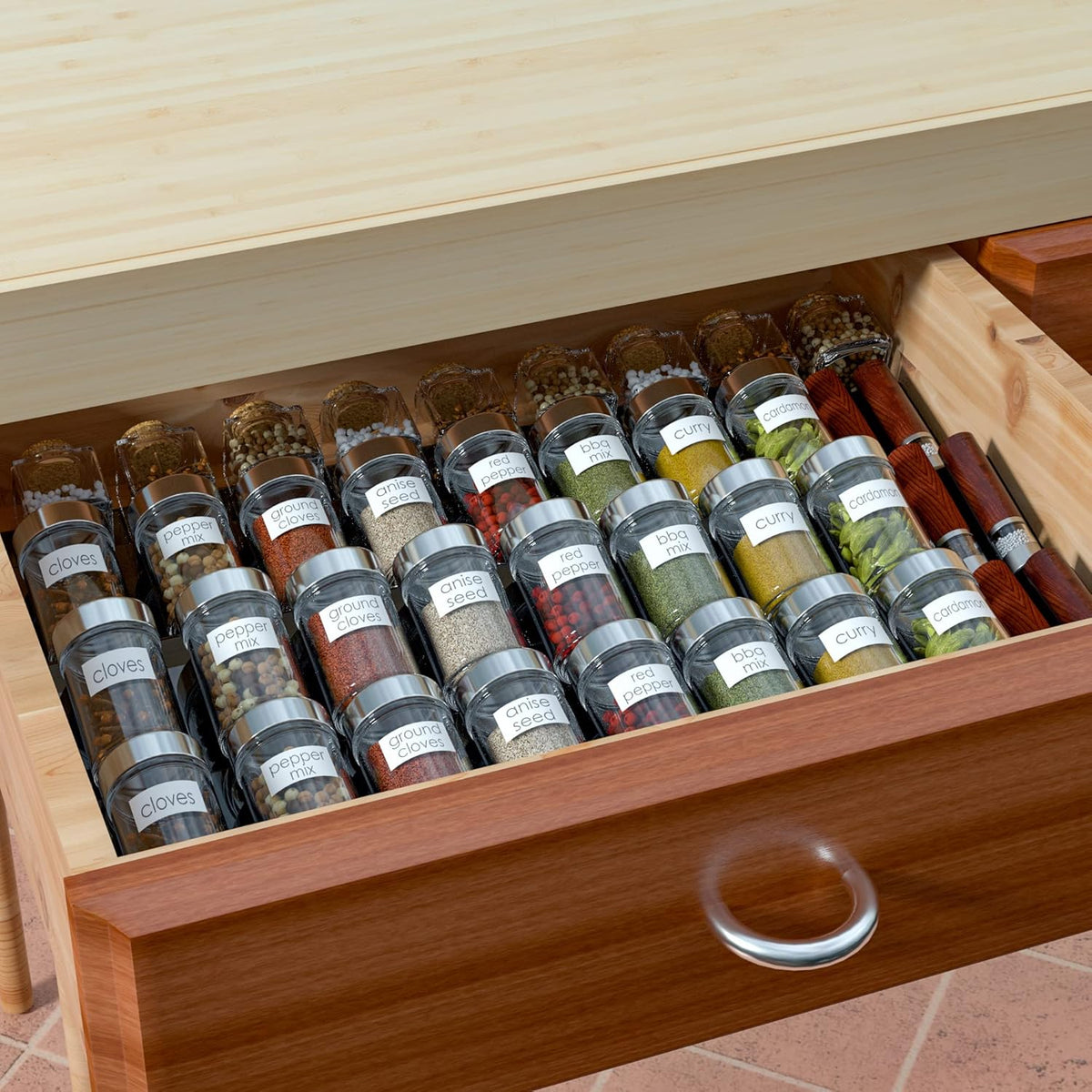 Acrylic Spice Drawer Organizer Rack Adjustable From 12 Inch to 24 Inch Wide, 4 Tier Spice Organizer Shelf for Kitchen Drawer Display, Kitchen Spice Rack Tray for Drawer