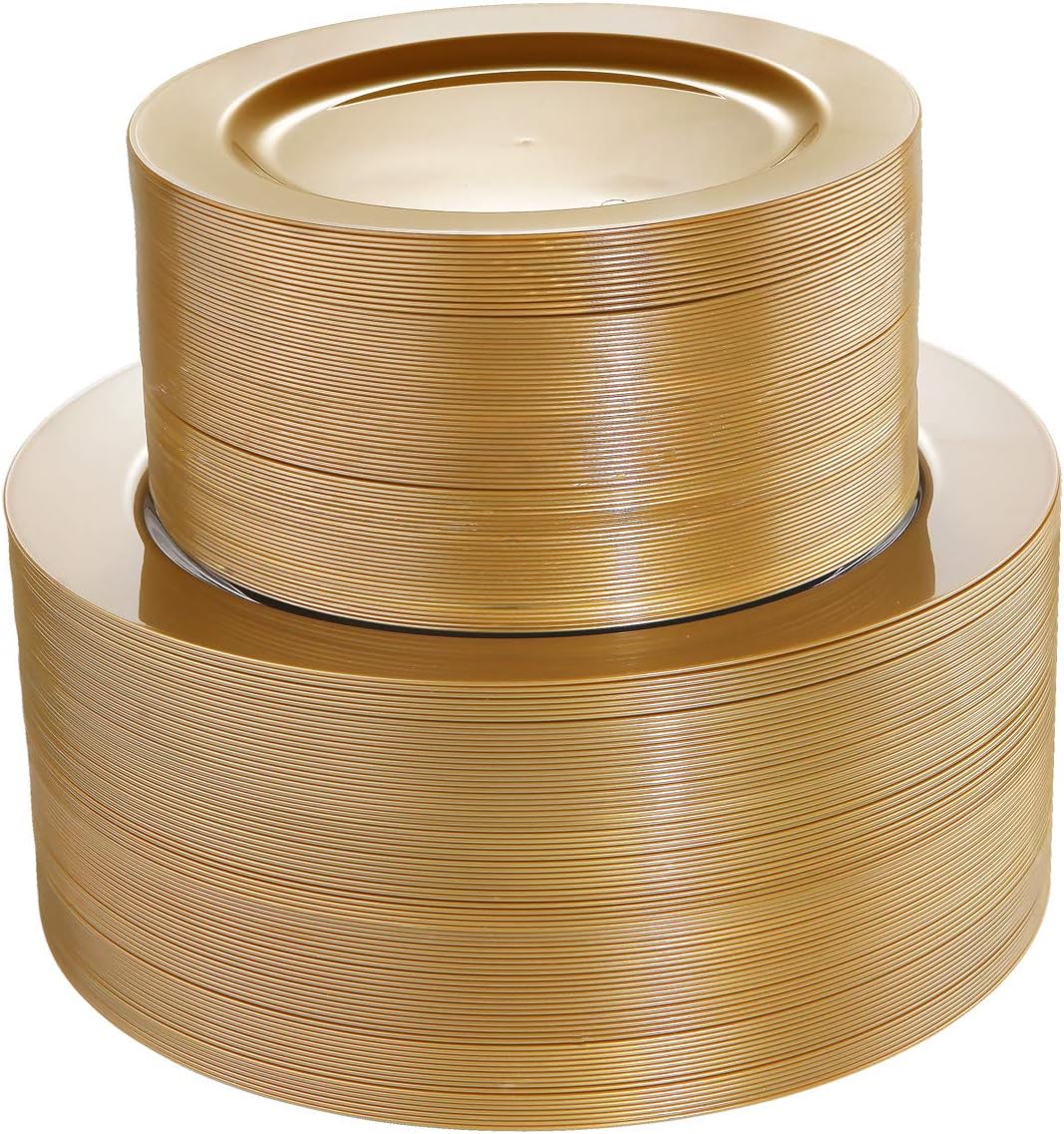 I00000 102 Pieces Solid Gold Disposable Plates, Gold Plastic Plates Premium Plastic Party Plates Includes: 51 Dinner Plate 10.25 Inch and 51 Salad/Dessert Plate 7.5 Inch for Wedding & Party