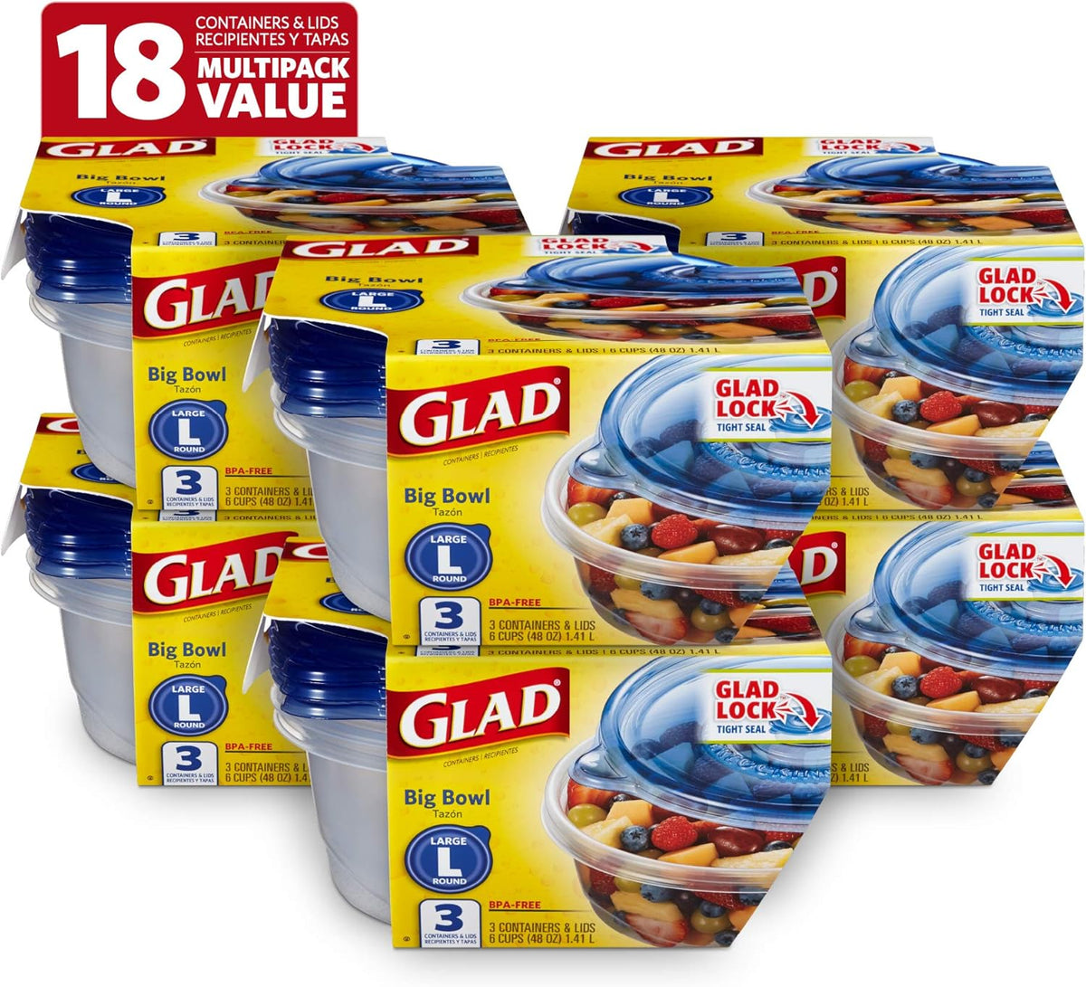 Glad Big Bowl Food Storage Containers, Large Round - (48 Oz) - 3 Count, Standard