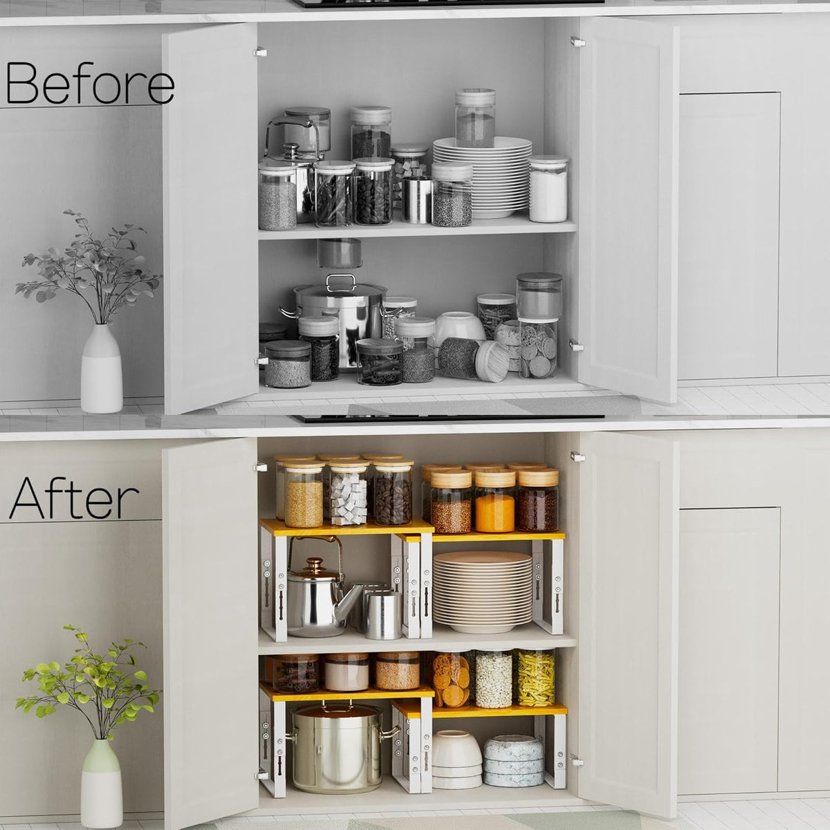 Expandable Kitchen Cabinet Organizer Shelves – Stackable Adjustable Metal and Wood Storage Racks for Countertop, Pantry, Garage Set of 2 Spice Rack – Easy Assembly, Space-Saving(2 Packs/Large/White)