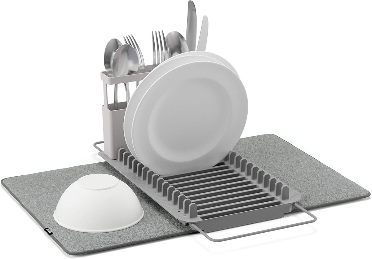 Umbra Udry Rack and Microfiber Dish Drying Mat-Space-Saving Lightweight Design Folds Up for Easy Storage, Over The Sink, Charcoal