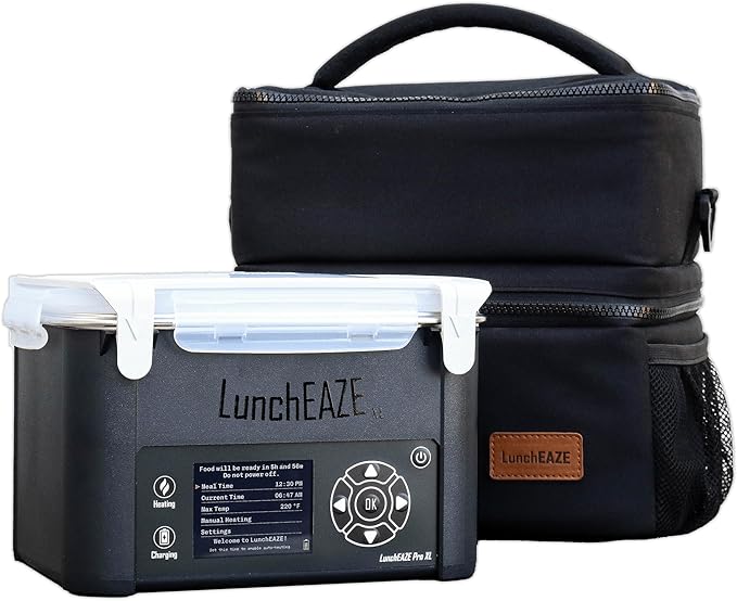 LunchEAZE XL Cordless Heated & Electric Lunch Box – Battery-Powered, 6-Cup Capacity, 220°F, Automatic Scheduled Heating, Insulated Bag for Hot Meals Anywhere