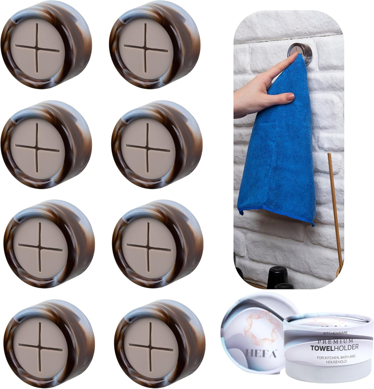 HEFA Towel Hooks - 8 Pack Eco-Friendly Kitchen & Bathroom Organization, Hand & Dish Towel Holder