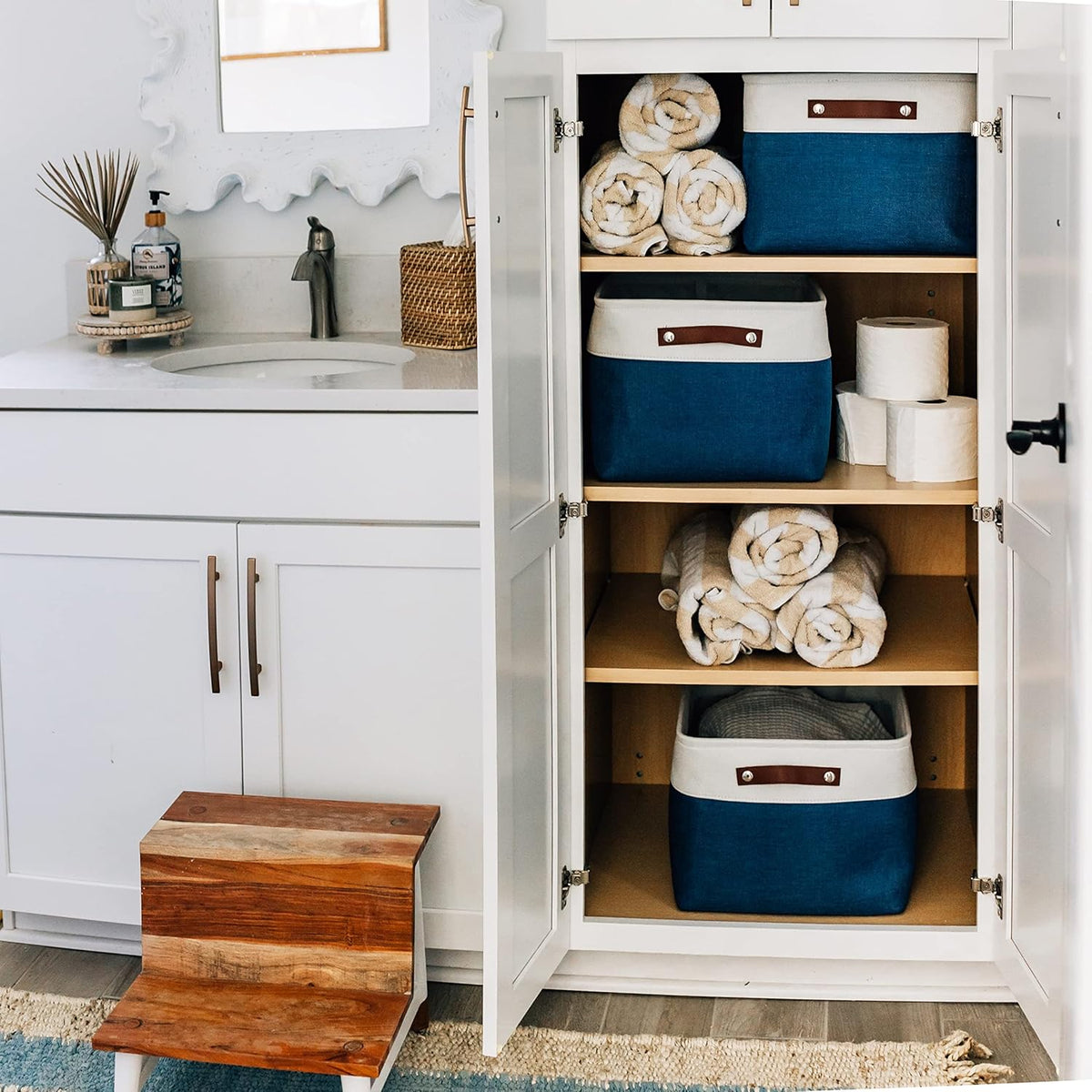 OrganiHaus Extra Large Fabric Storage Bins for Shelves 16x13in, Closet Storage Baskets for Shelf Organizing, Canvas Rectangle Bins for Organization, Linnen Baskets for Organizing - Navy Blue/White