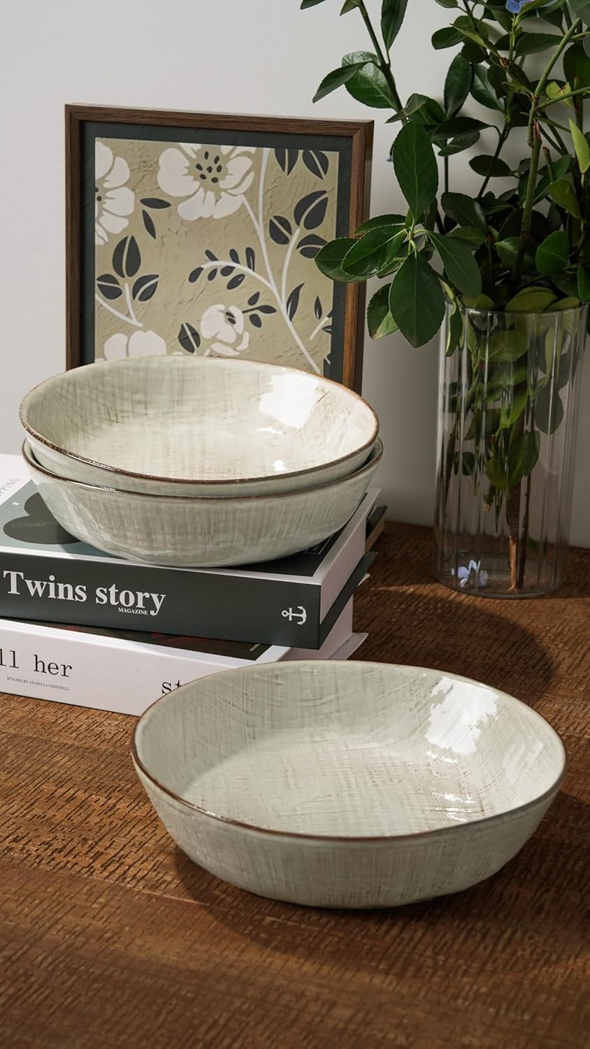 famiware Moonlight 8.5 Inch Pasta Bowls Set of 4, 32oz Serving Bowls for Kitchen, Soup Bowl with Linen Finish, Large Stoneware Bowls for Festivals, Housewarming, Dinnerware, Summer Sand