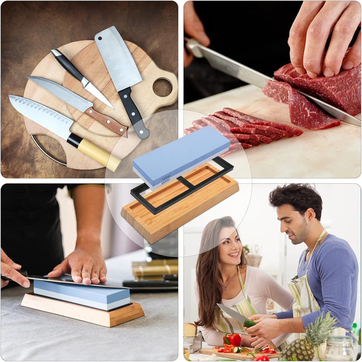 Whetstone Knife Sharpening Stone Kit - Double Sided Whetstone Knife Sharpener 1000/6000 Grit, Professional Honing Sharpening Stone Set With Slip-Resistant Bamboo Base and Angle Guide