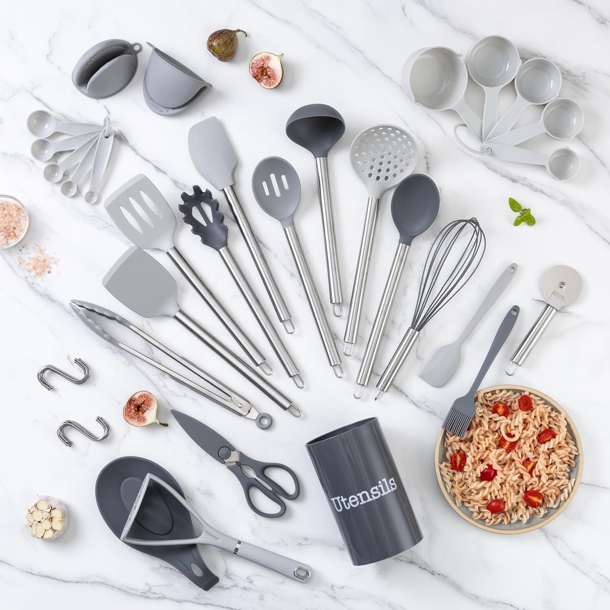 COOK WITH COLOR Silicone Cooking Utensils, Kitchen Utensil Set, Easy to Clean Silicone Kitchen Utensils, Cooking Utensils for Nonstick Cookware, Kitchen Gadgets Set, 38 Piece, Gray