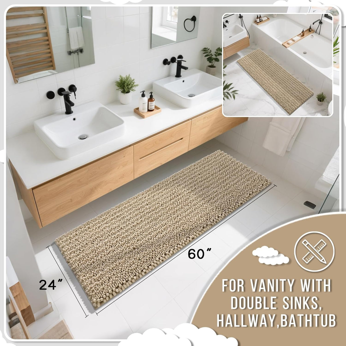 Yimobra Bathroom Runner Rug 60x24 Inch - Extra Long Non Slip Chenille Bath Mat, Soft & Absorbent, Machine Washable Shaggy Hallway Carpet for Vanity Tub Shower, Pale Khaki Home Decor Accessories