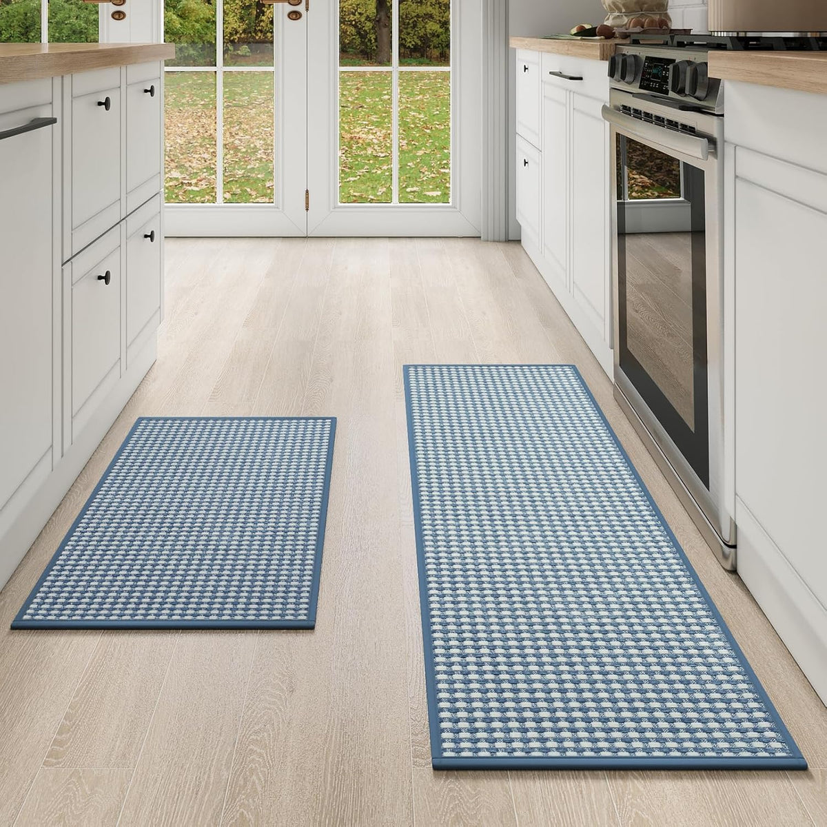 Kitchen Mat Kitchen Rugs Sets of 2 PCS Non Slip Washable, Super Absorbent Soft Braided Kitchen Mats for Floor, Rubber Backing Comfort Standing Kitchen Sink Mat Runner Rug, Blue 17"x28"+17"x47"
