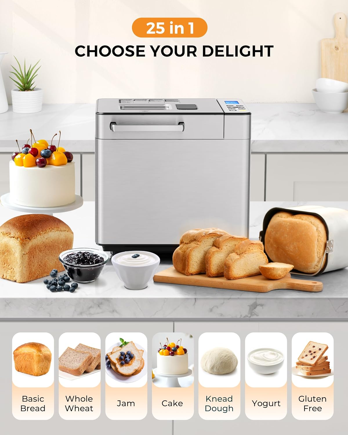 EUHOMY 25-in-1 Bread Maker Machine 2LB Breadmaker, Bread Machines with Nut Dispenser and Yeast Dispenser, 3 Loaf Sizes 3 Crust Colors, Dough Maker with Customized Options, Gluten-Free, Recipe, Gifts