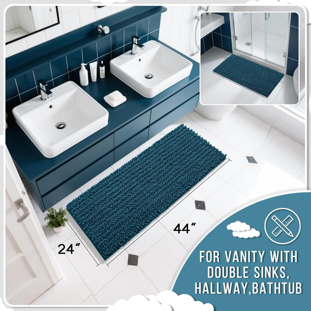 Yimobra Long Bathroom Rugs Non Slip Washable 44x24 Inch - Ultra Soft Absorbent Chenille Bath Mat, Quick Dry Shaggy Floor Carpet for Tub Shower, Peacock Blue Home Decor Accessories
