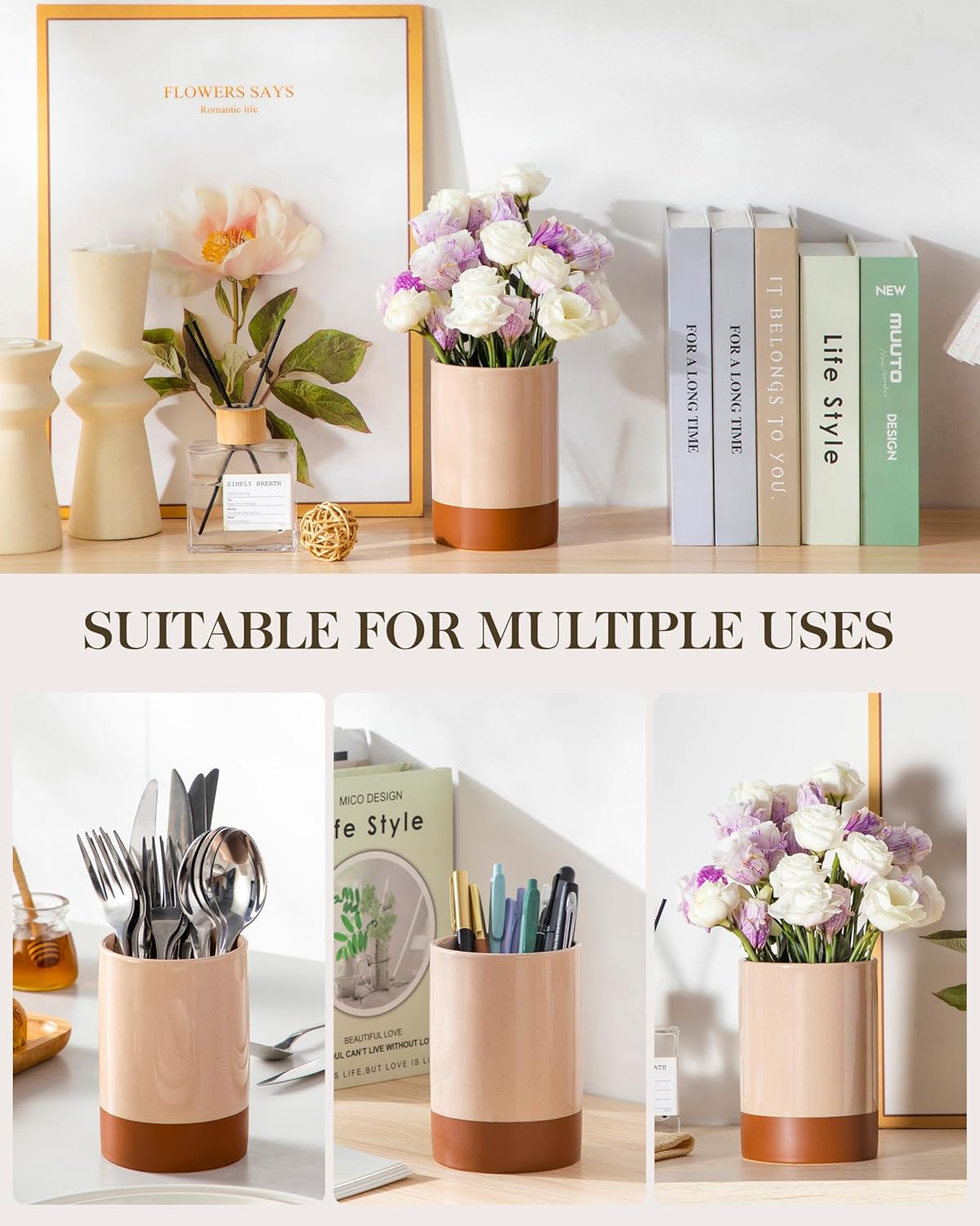 MALACASA Utensil Holder, 5.5" Ceramic Kitchen Utensil Holder for Countertop, Cooking Utensil Crock for Kitchen Counter, Farmhouse Utensil Organizer for Spatula & Spoon, Khaki Pink, Series TARA