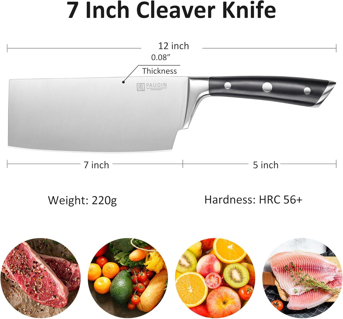 PAUDIN Cleaver Knife, Switzer Chinese Chef Knife 7 Inch, High Carbon Stainless Steel Butcher Knife with ABS Handle, Kitchen Knife for Meat Cutting Vegetable Slicing