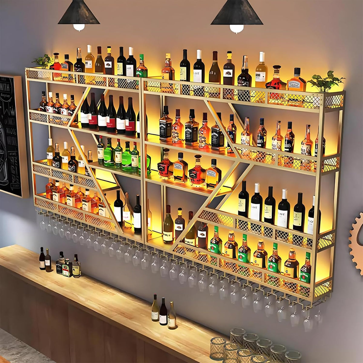 79in Metal Wine Rack Wall Mounted, Modern Wine Storage Rack Wall Mounted with Wine Glass Holder, Liquor Shelf, Bar Shelves for Liquor Bottles (4 Tiers Gold, 79 * 7.87 * 48.5INCH)