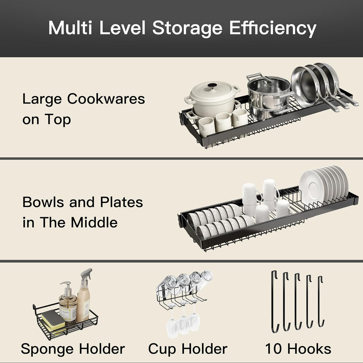 3 Tier Extra Large Stainless Steel Expandable Over The Sink Dish Drainer Drying Rack, Rust Proof Metal, Space Saving, Modern Black Big Capacity Extendable Plate Strainers Above Kitchen Counter