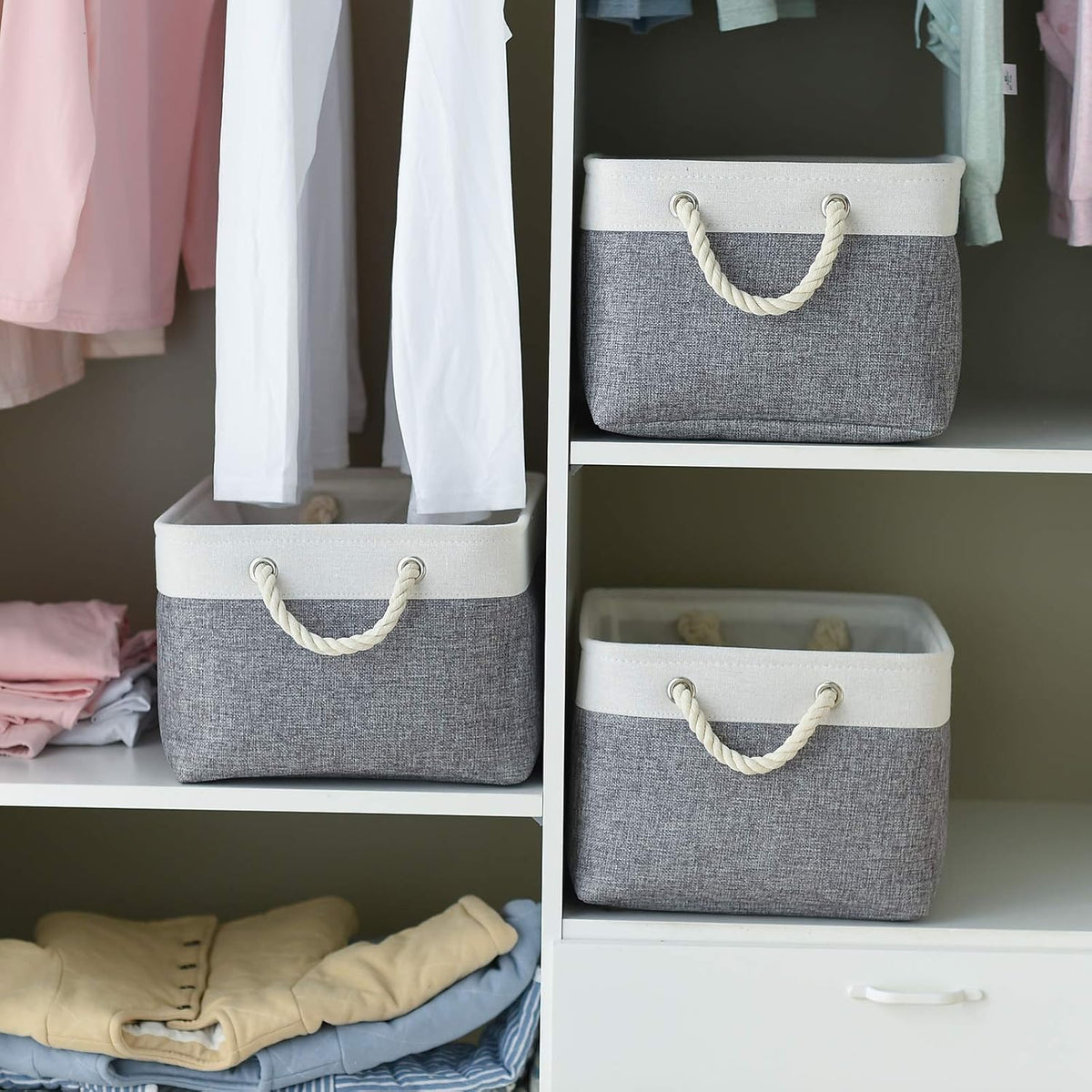 Storage Basket 16x12x8 inch Fabric Sturdy Canvas Storage Bins Organizer with Handles for Clothes and Storage Foldable Storage Boxes Cubes