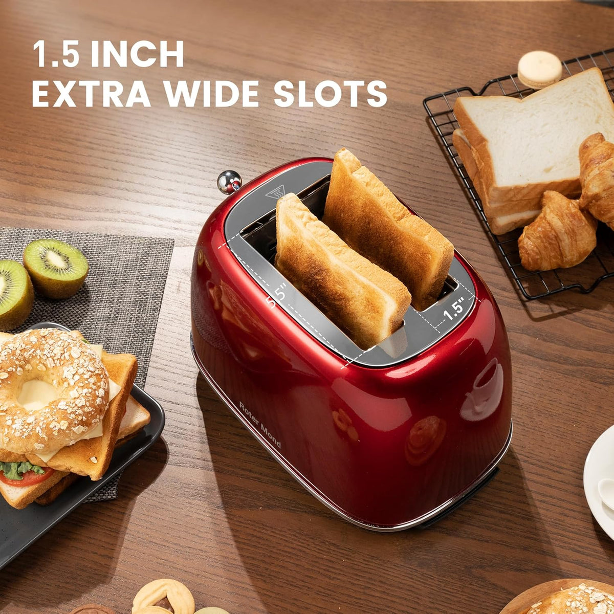 2 Slice Toaster Retro Stainless Steel with Bagel, Cancel, and Defrost Functions, 6 Bread Shade Settings, Extra Wide Slots and Removable Crumb Tray, Red
