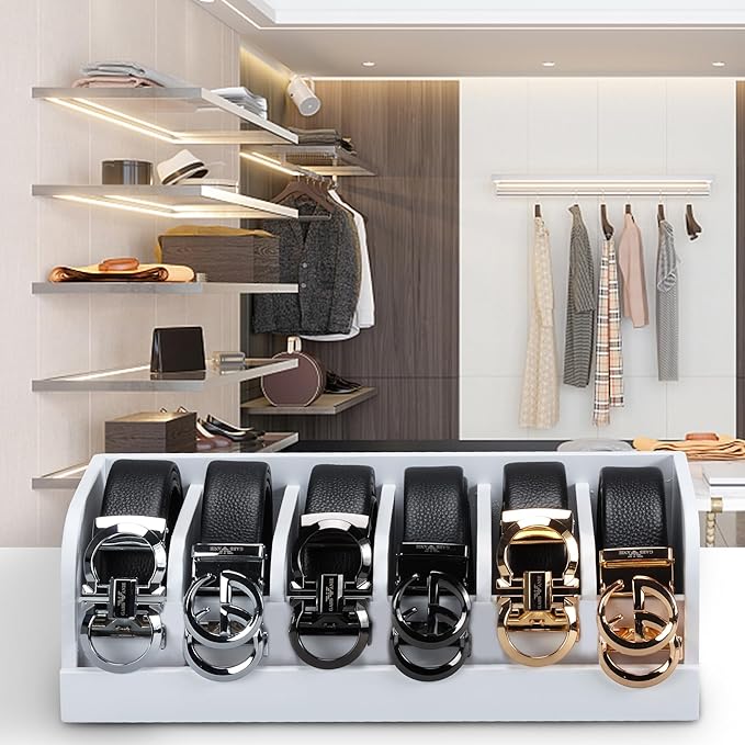 MinBoo Bamboo Belt Rack, 6-Compartment Belt Organizer and Displayer for Closet and Drawer, Men and Women (White)