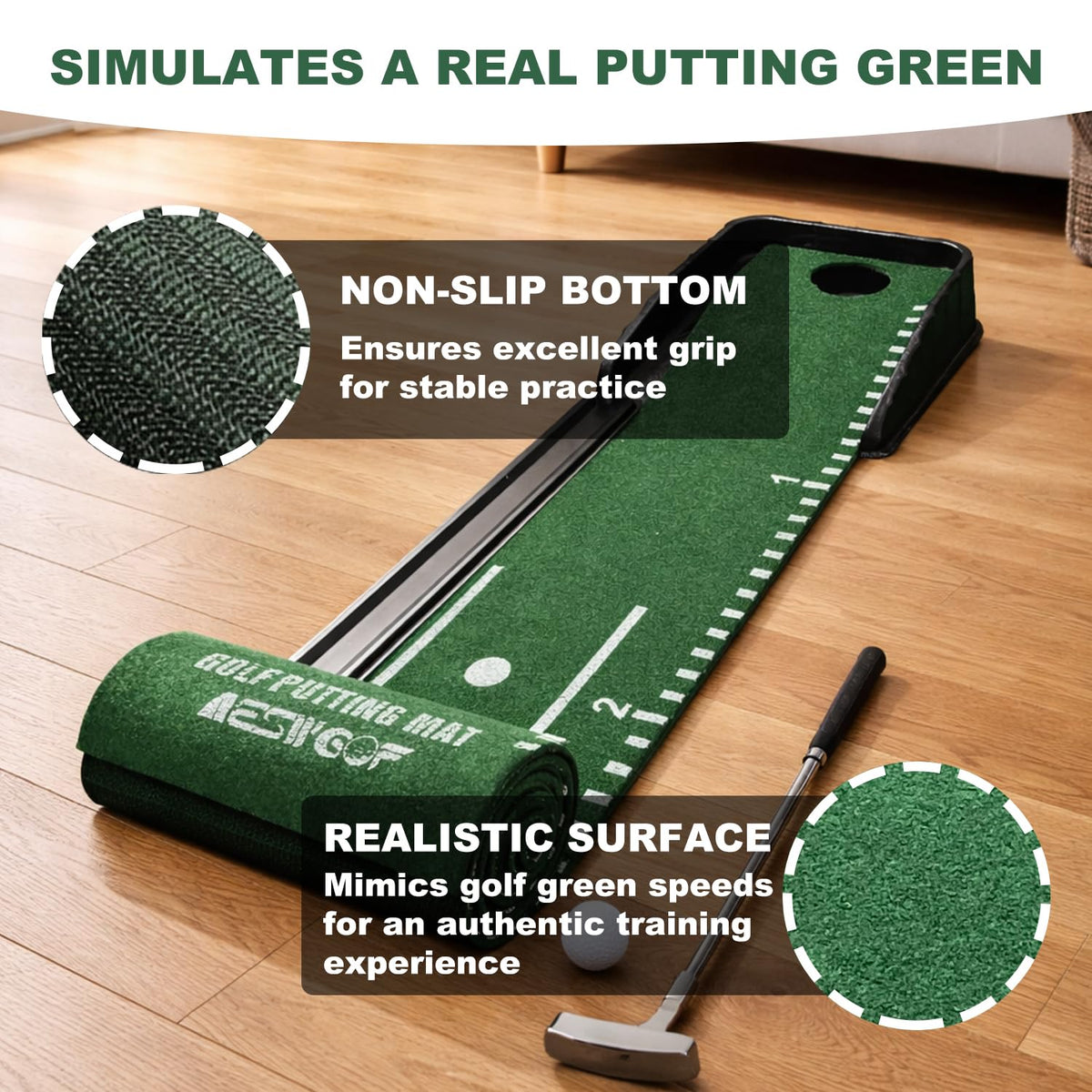 Golf Putting Mat Set with 9.8 ft Putting Green, 4 Golf Balls for Indoor Use