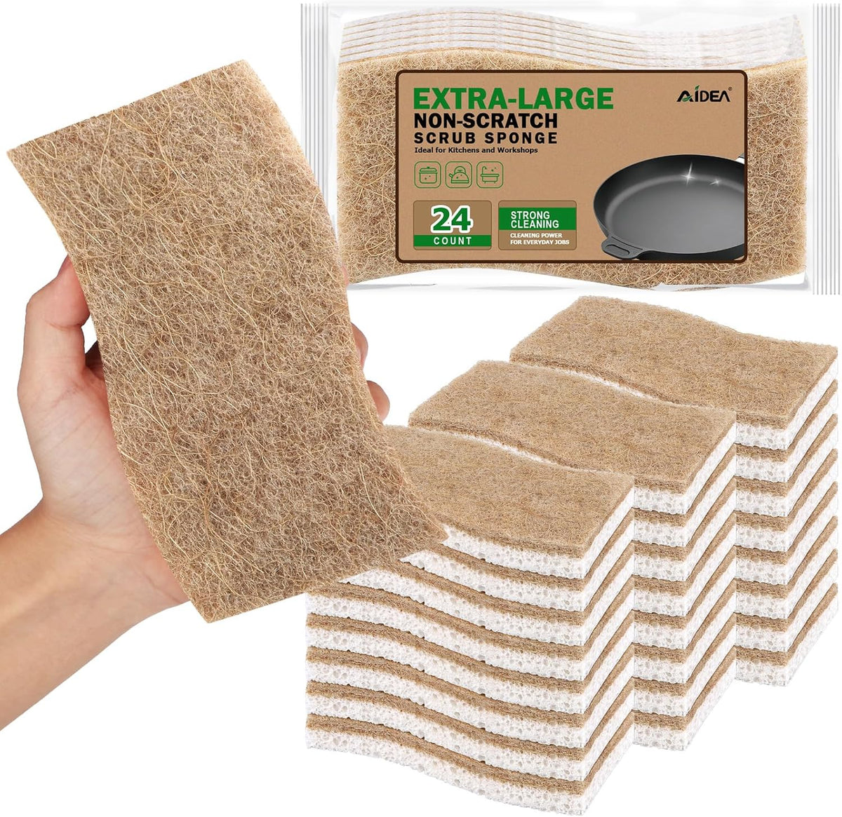 AIDEA XL Scrub Sponges Non-Scratch, 24Count, Large Natural Sponge for Non Stick Cookware, Sponges Kitchen, Cellulose Cleaning Sponge for Dishes, Kitchen, Bathroom, Household