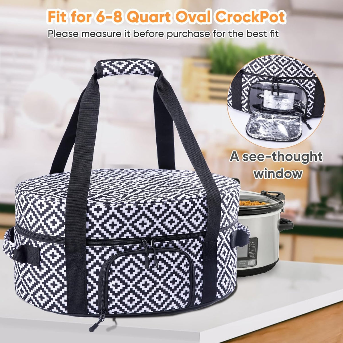 Insulated Slow Cooker Carrying Bag for 6-8 Quart CrockPot and Hamilton Beach Slow Cooker with See-thought Window, Portable Carrier Case with Adjustable Band and Accessory Pocket
