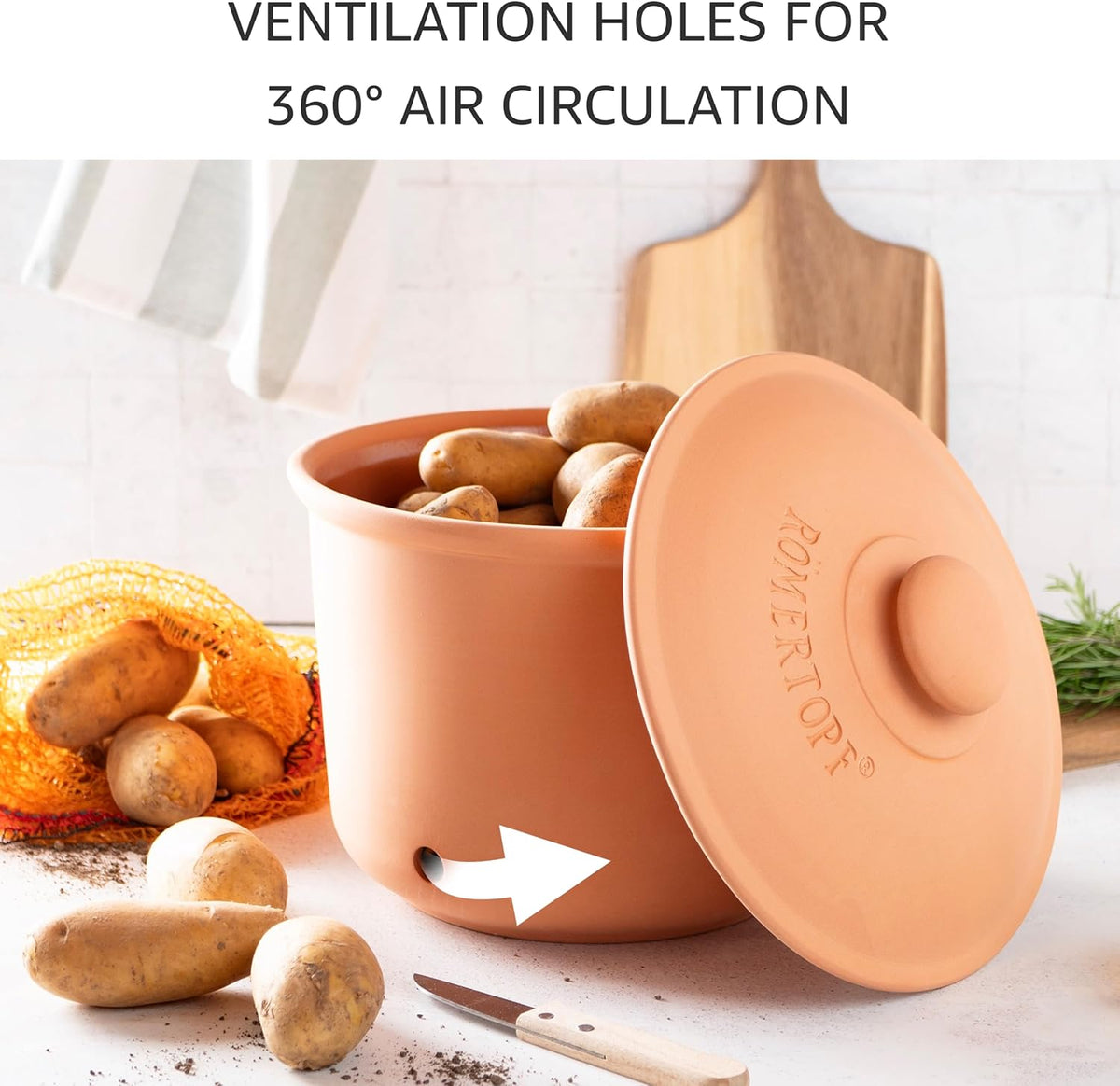 Romertopf Freshness Storage Potato Onion Garlic Clay Pot Set of 3 with Lids - Terracotta