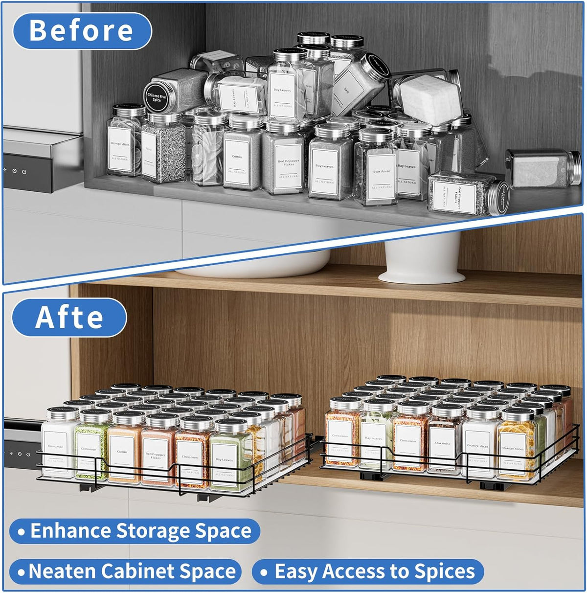 Spice Rack Organizer for Cabinet, 1 Tier Pull Out Spice Rack, Spice Organizer for Cabinet, Kitchen and Pantry, Fits Spices, Sauces, Canned Food (12.5''Wx10.5''Dx2.5''H)