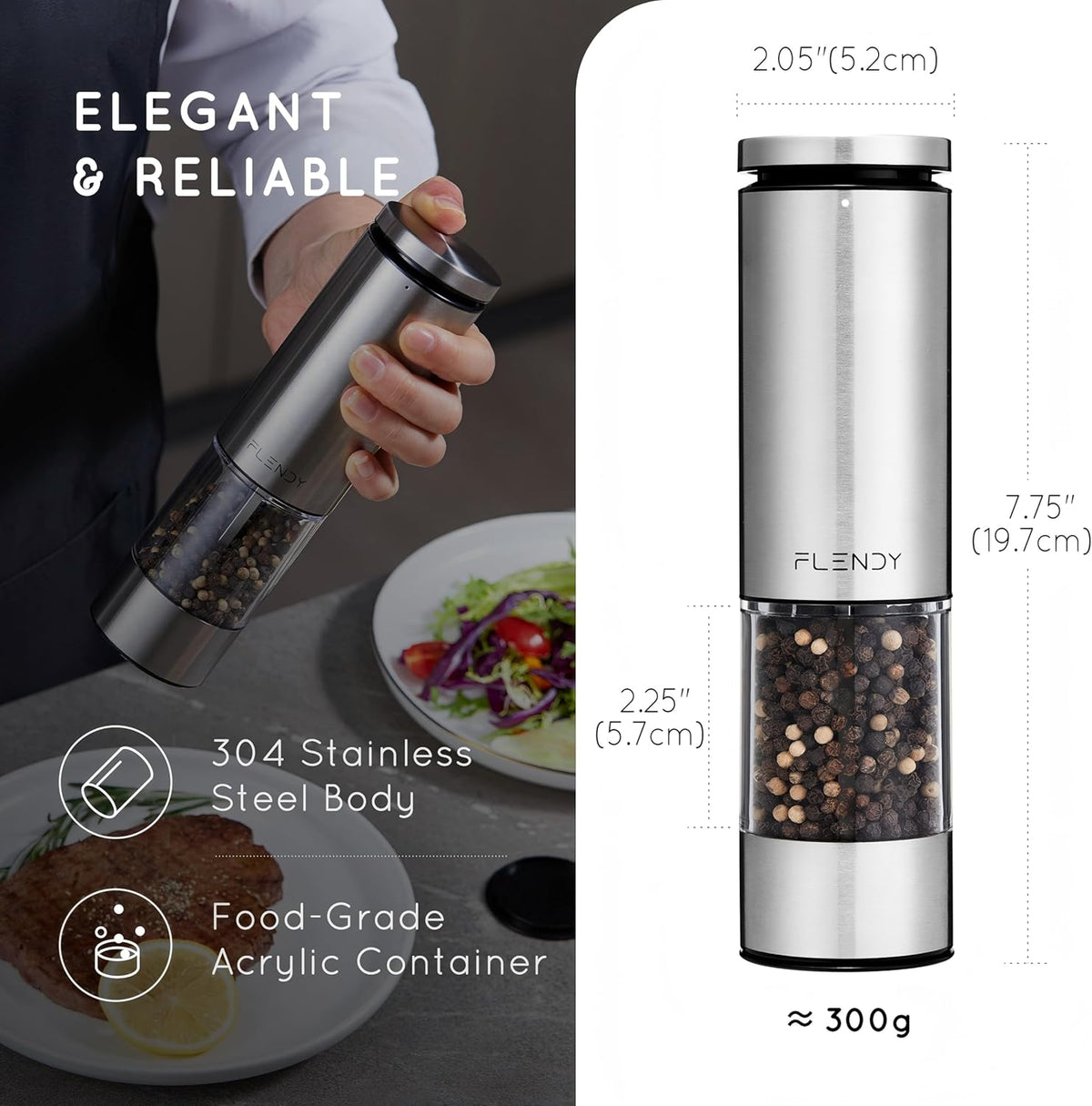 Electric Salt and Pepper Grinder Set Rechargeable, Automatic Salt and Pepper Grinder Set with Oversized Top Button, Stainless Steel Electric Salt and Pepper Shakers Set