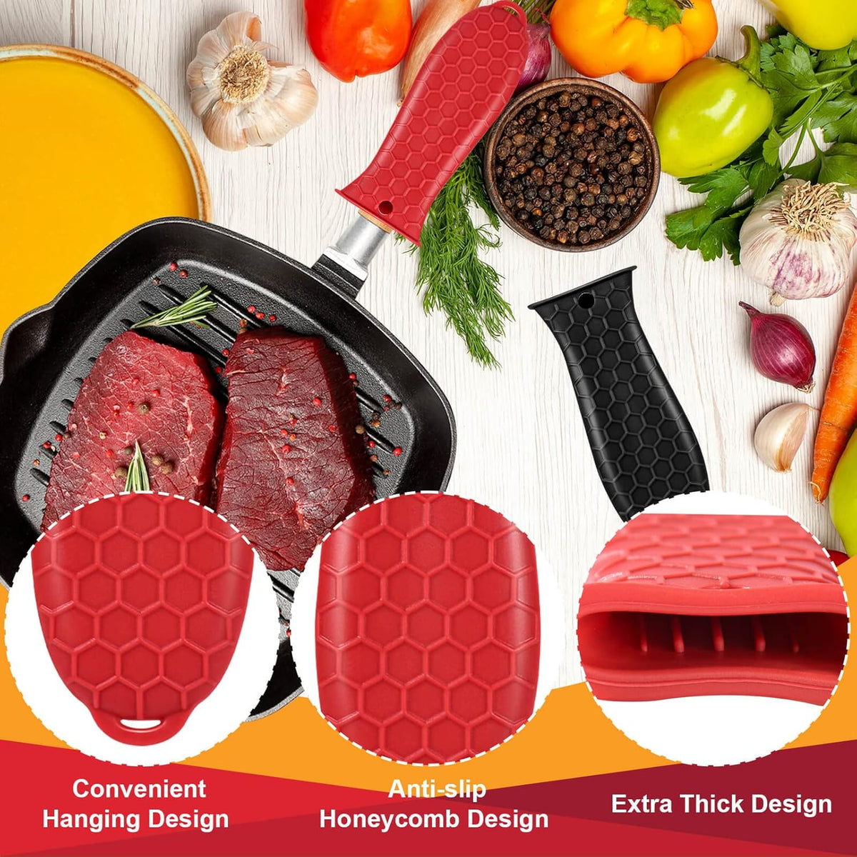 5 Pcs Cast Iron Handle Cover, Silicone Hot Handle Holder, Heat Resistant Cast Iron Skillet Covers Potholder for Frying Pans and Griddles Kitchen Supplies