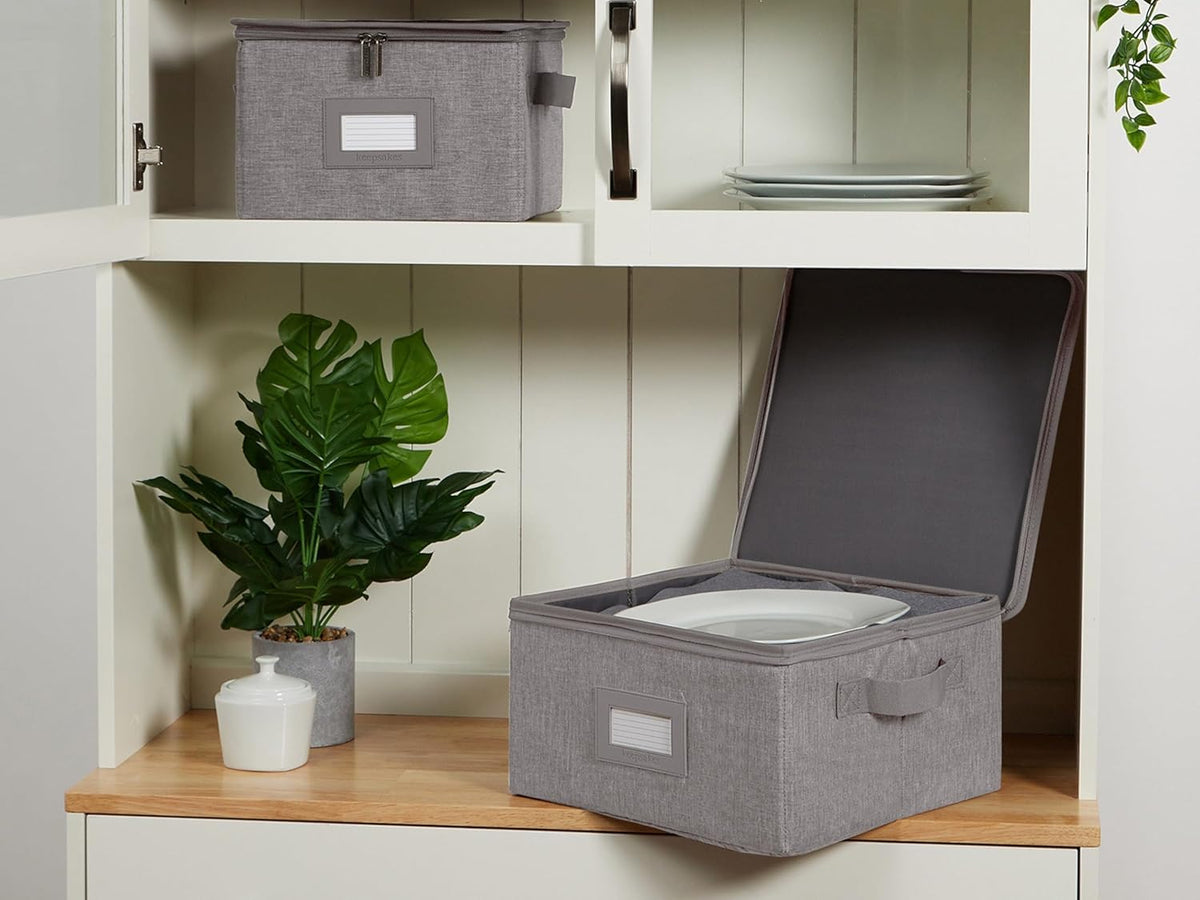 Covermates Keepsakes Dish Storage Box - Stackable, Reinforced Handles, China Storage, Grey Heather