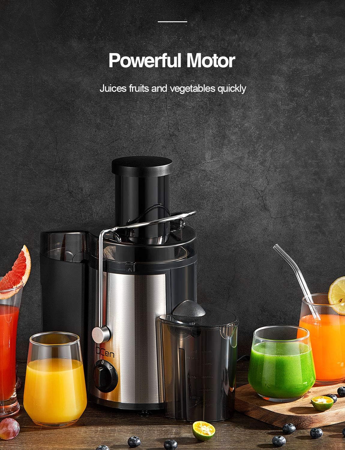 QCen Juicer Machine, 500W Centrifugal Juicer Extractor with Wide Mouth 3” Feed Chute for Fruit Vegetable, Easy to Clean, Stainless Steel, BPA-free (Black)