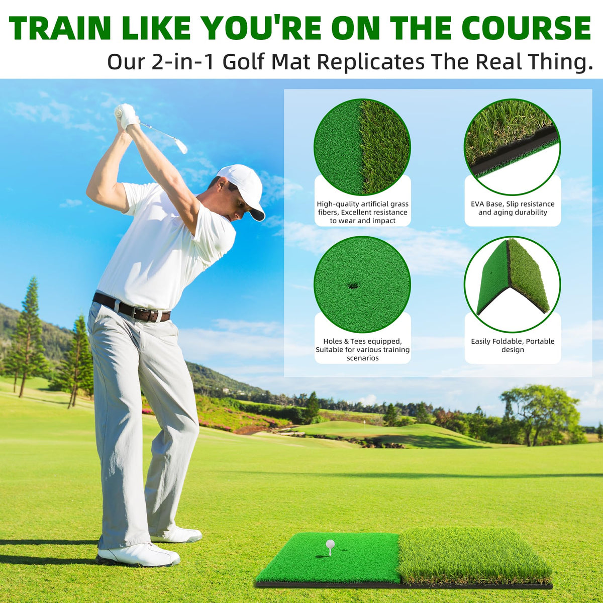 Dual-Turf Golf Hitting Mat – Golf Practice Mat, Foldable & Portable Golf Turf Mat with 8 tees, Golf Chipping & Putting Mat for Indoor/Outdoor Practice