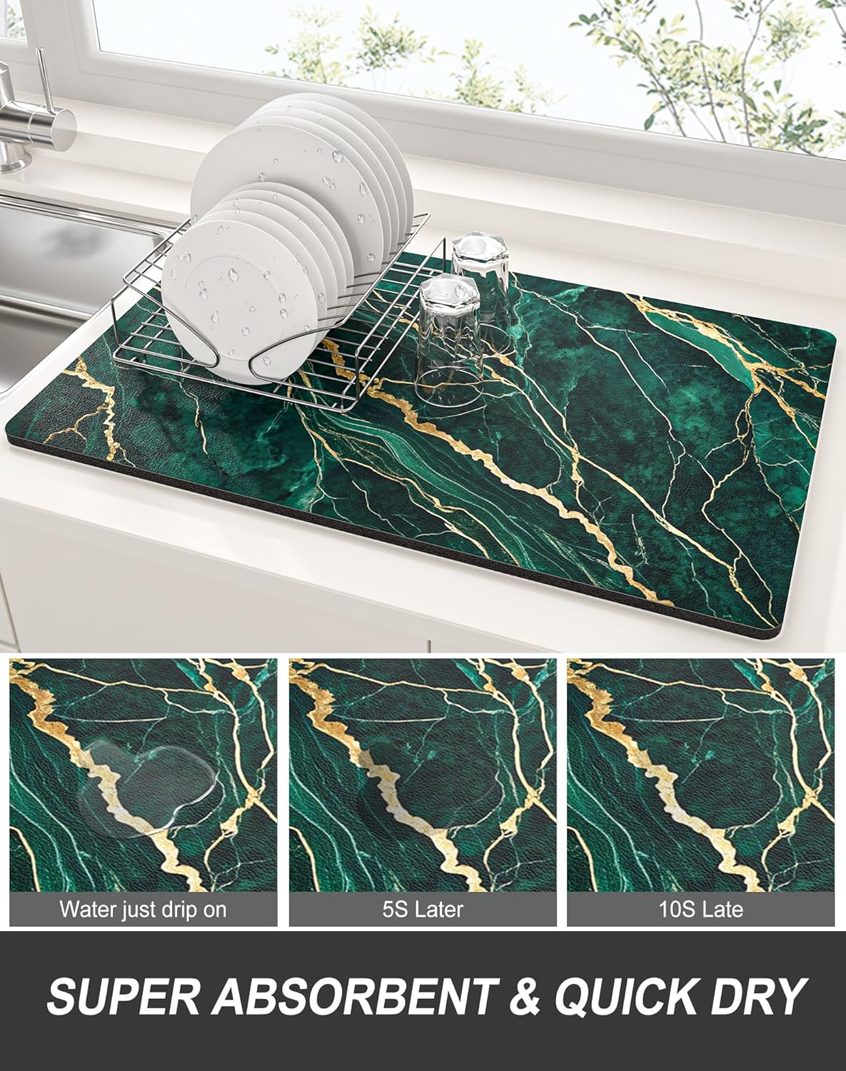 Rnivvi Dish Drying Mat for Kitchen Counter, 12 x 19" Cute Marble Super Absorbent Draining Pad, Non-Slip Heat Resistant Coffee Bar Mats for Coffee Machine Station Accessories, Green Gold Dish Rack Pad