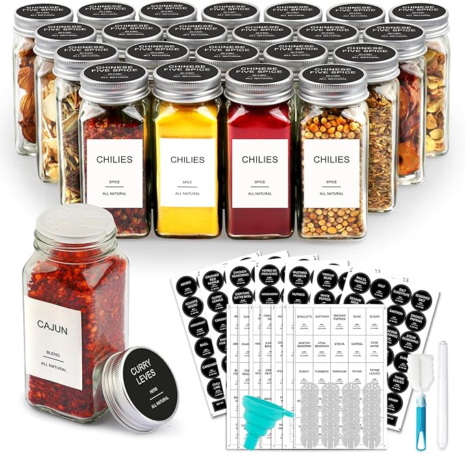 AISIPRIN 24 Pcs Glass Spice Jars with Labels, 4oz Small Empty Square Seasoning Containers Bottles - Shaker Lids, Funnel, Brush,469 Labels and Marker Included