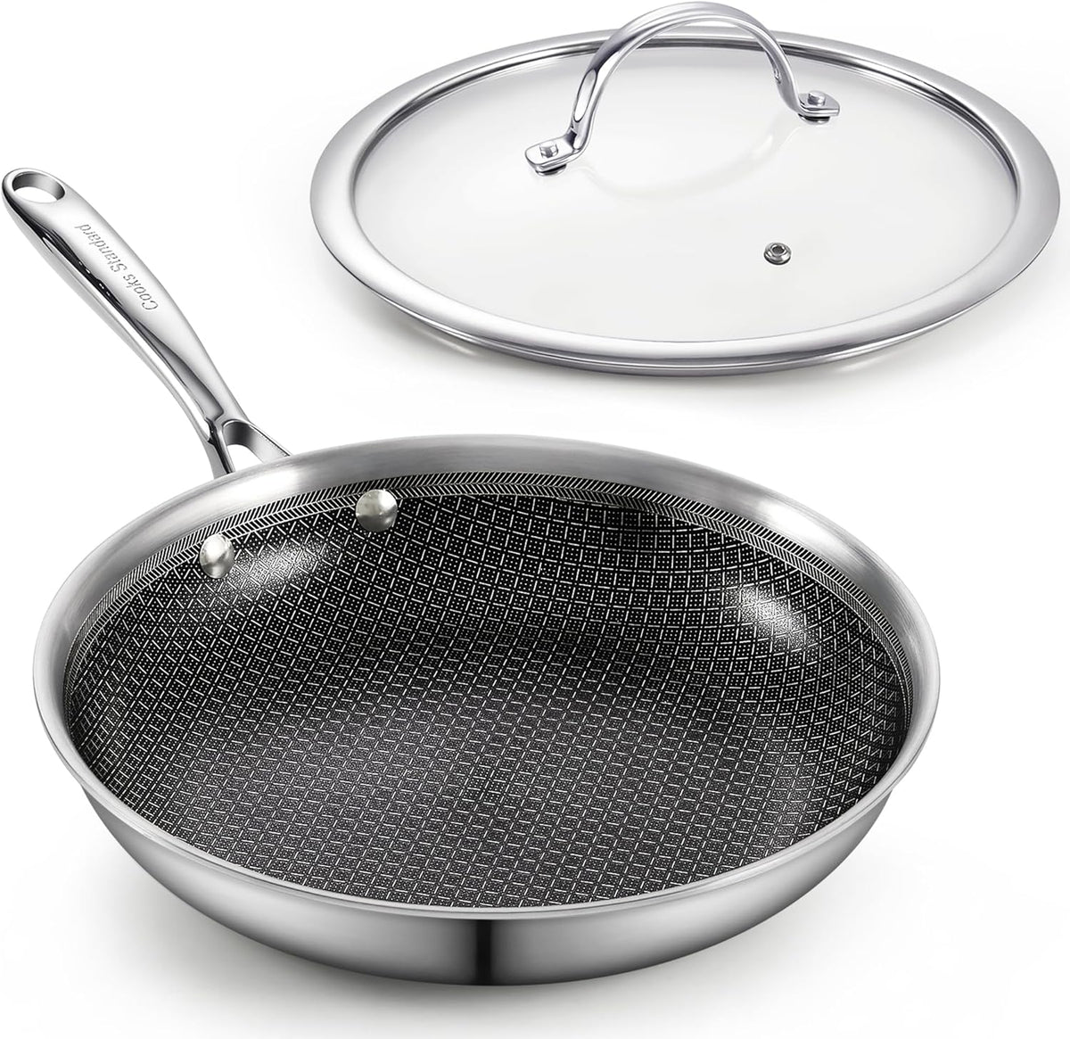 Cooks Standard Hybrid Nonstick Frying Pan, 12-Inch Skillet, Multi-Ply Clad Stainless Steel Fry Pan with Tempered Glass Lids, Oven Safe, Compatible with All Stovetops