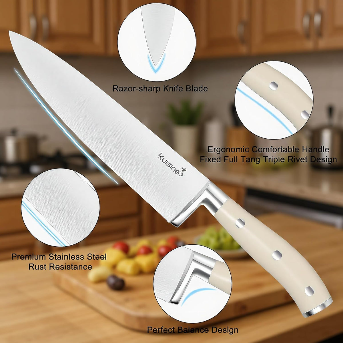 KUISINE Knife Set High Carbon Stainless Steel Ultra Sharp Blade Ergonomic Handle,Knife Block Set with Built-in Sharpener(Ivory Acacia,15PCS)