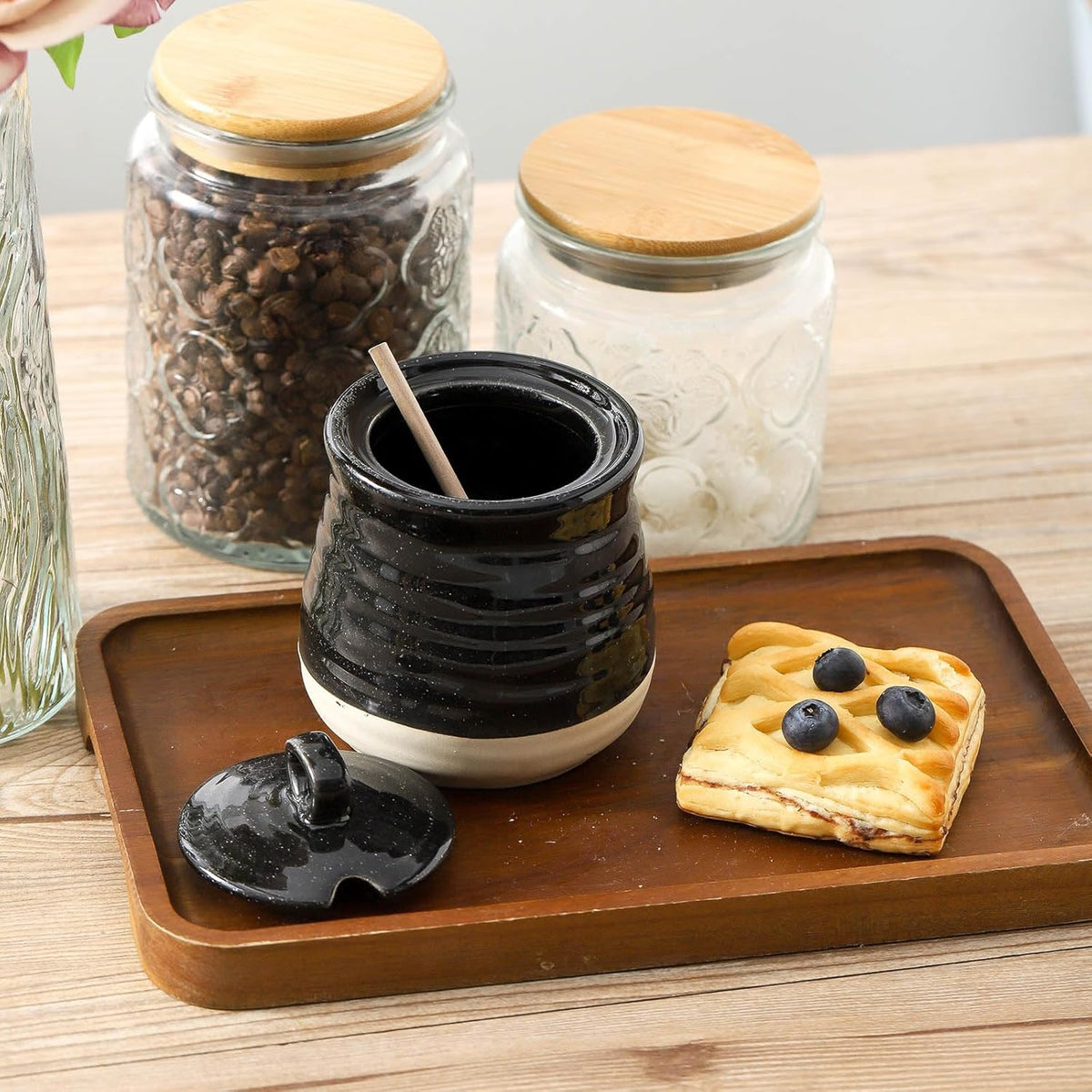 Ceramic 12 Ounce Honey Jar and Dipper Set,Porcelain Honey Pot with Lid and Wooden Dipper,Cute Honey Containers for Party,Holiday,Halloween Favors,Farmhouse Kitchen Decor,Dishwasher Safe,Black