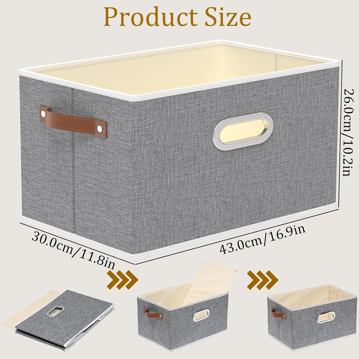 Yawinhe Fabric Storage Bins with Handles, Foldable Baskets for Shelves, Cubes with 3 Handles, Large Boxes for Clothes, Grey, 16.9''Lx11.8''Wx10.2''H, 6-Pack