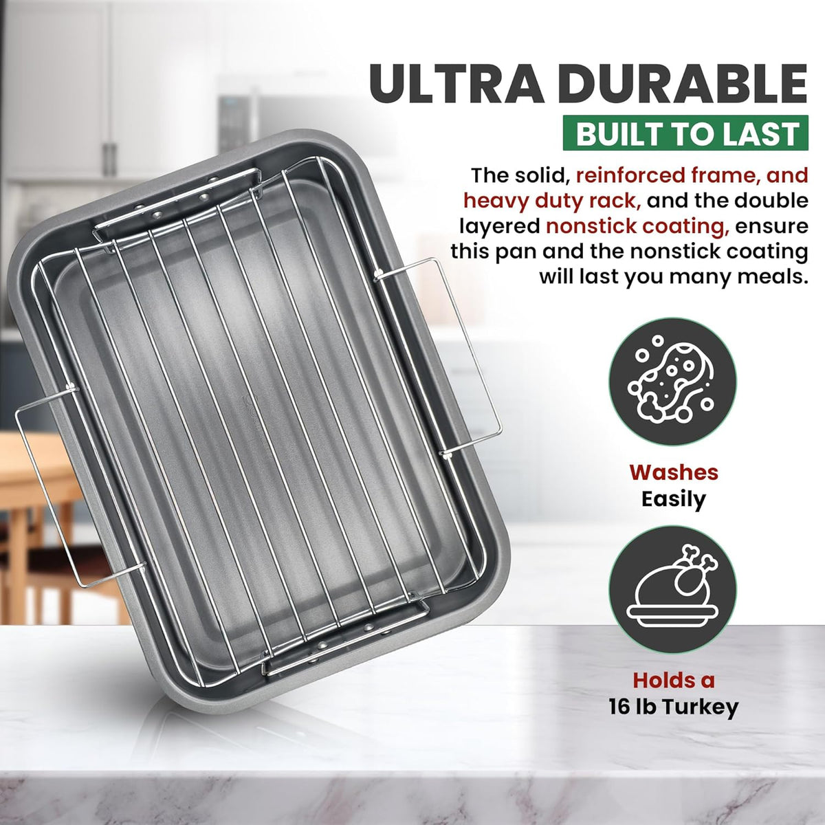 Large Roasting Pan With Rack 12” x 16” - Non Stick Large Roaster Pan and V-Rack With Foldable Handles - Roasting Pans for Ovens to Elevate Food for Even Heating - Dishwasher Safe Turkey Roast Pot