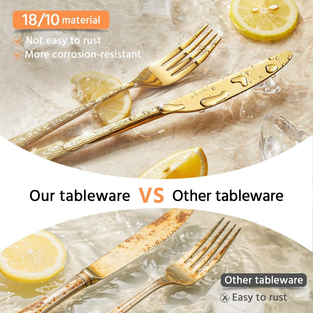 KINGSTONE Gold Hammered Silverware Set, Flatware Set with Serving Utensils, 18/10 Stainless Steel Premium Cutlery with Unique Ripple Handles Design Mirror Polished - Dishwasher Safe (45-Piece)