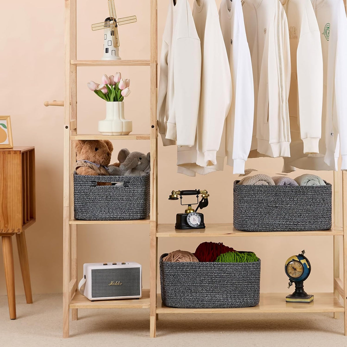 Large Storage Baskets for Shelves, Closet Organizers Bins for Clothes Blanket Towels, Baby Nursery, Toy Baskets Box, Woven Rope Baskets, 17 x 13 x 7.5”, 2 Packs Dark Gray